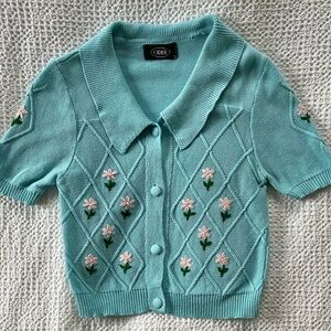 Cider Teal / Baby blue Cardigan with Pink Floral Embroidery